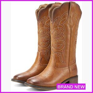 Vintage Western Cowgirl Boots Square Toe Mid Calf Chunky Heel Fashion